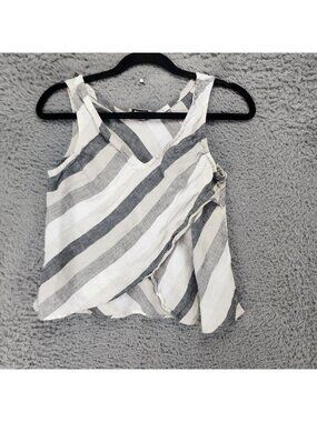 Vanity Top Womens Small Gray Striped 100% Linen V Neck Sleeveless Tank